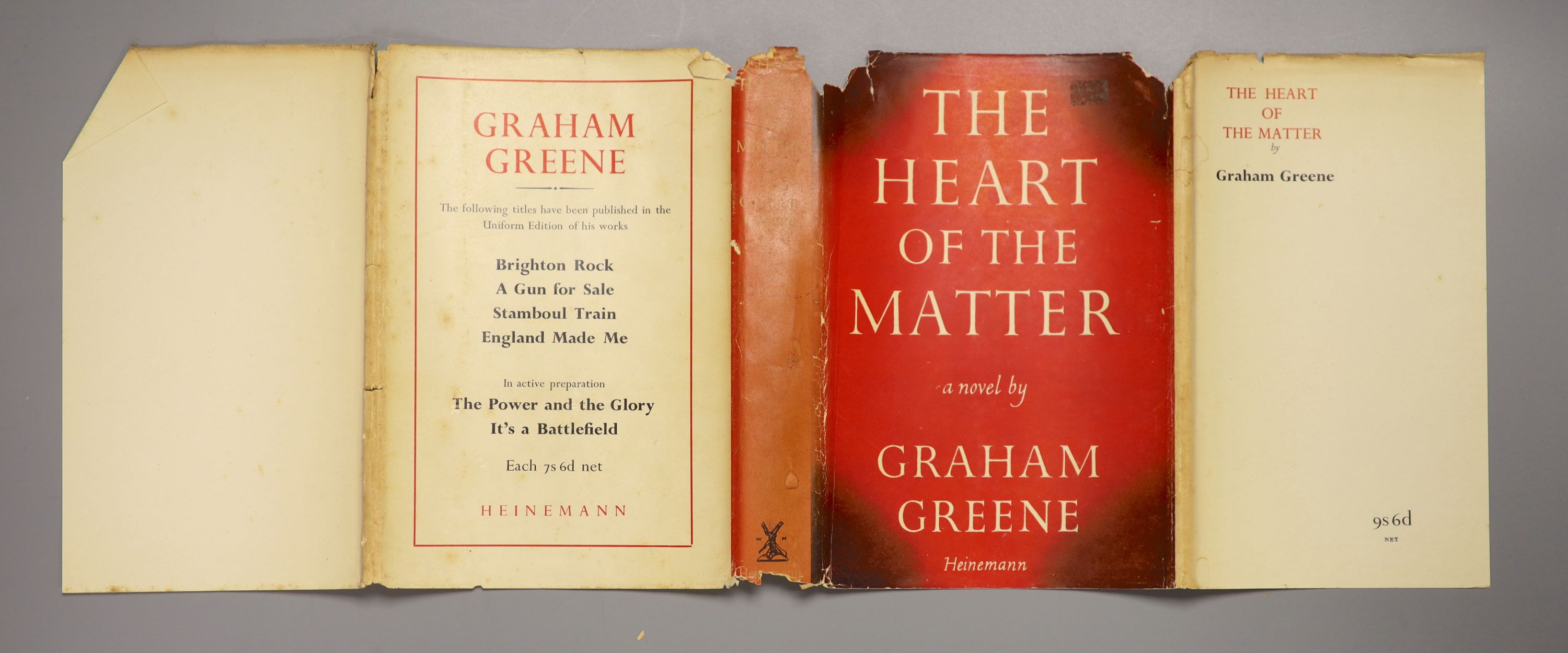 Greene, Graham - The Heart of the Matter, 1st edition, original blue cloth, in unclipped d/j with tears and loss, ink inscription to front fly leaf, text with occasional spotting,William Heinemann, London, 1948